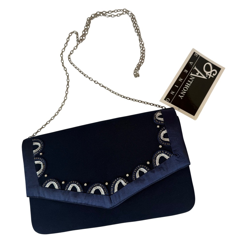 St Anthony Evening Navy Blue Beaded Satin Clutch Bag Anthony Sicari B616 Vtg Tag